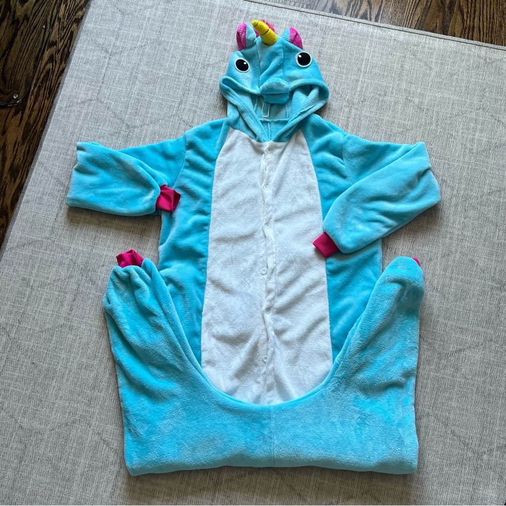 Unicorn Costume Adult Blue Onesie Jumpsuit Button Up Pajamas size LARGE NEW